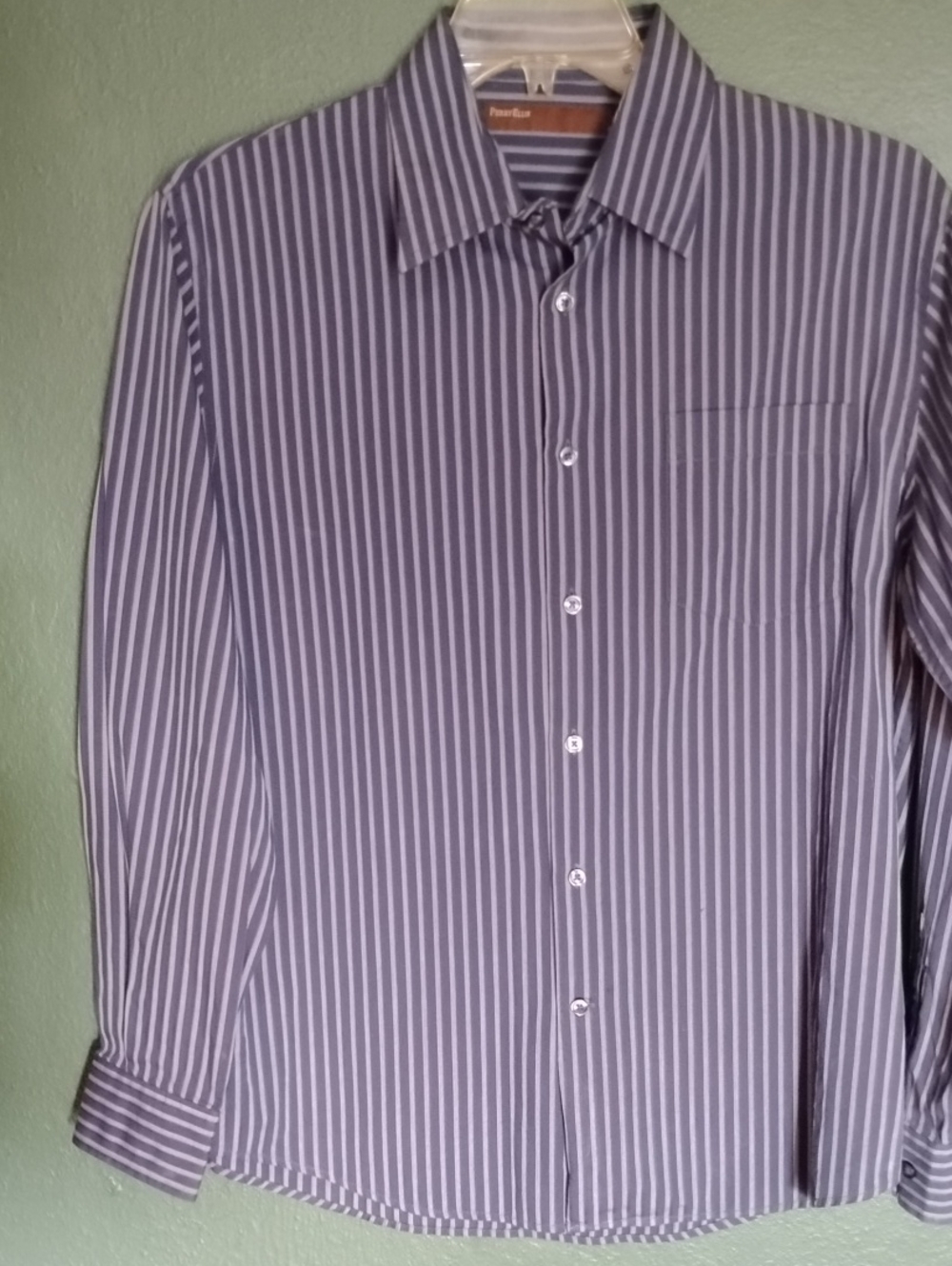 Perry Ellis Men’s Blue and White Vertical Stripe Dress Shirt